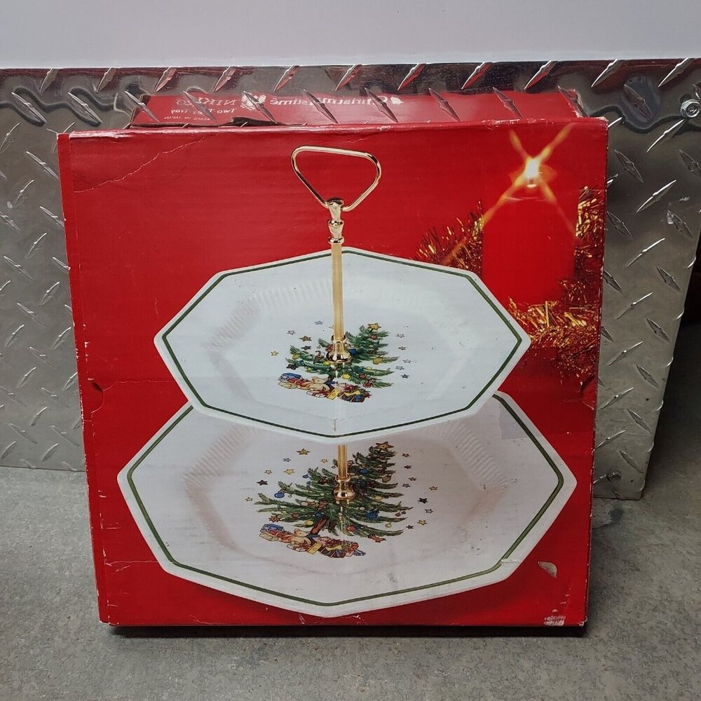 Nikko Happy Holiday Porcelain 2 Tier Octagon Serving Tray w/ Post Gold Handle - Picture 13 of 13